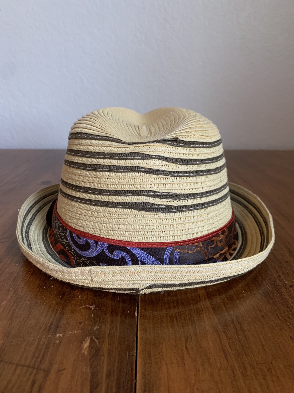 Robert Graham Paper Straw Fedora Hat Tan Black Colorful Silk Band Sz L/XL Derby