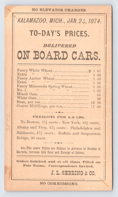 #ad 1874 J. L. Sebring amp; Co. Postal Card Kalamazoo MI Grain Prices on Board Railroad $19.95