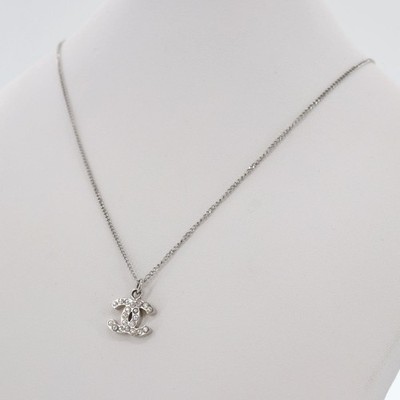 CHANEL Used CC Logos Chain Necklace Rhinestone Silver Pendant B11V