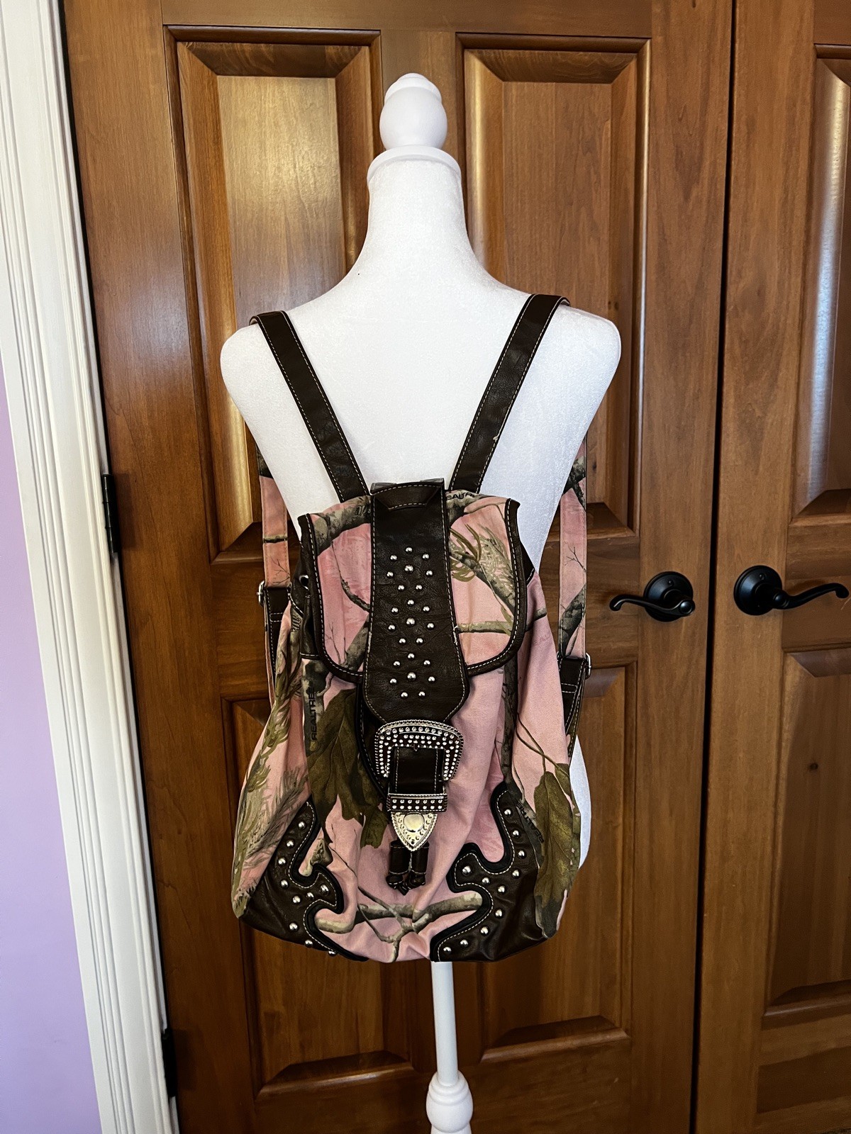 Realtree Pink Camo Camouflage Backpack Purse Rhinestone Buckle Studded Y2K/2000s