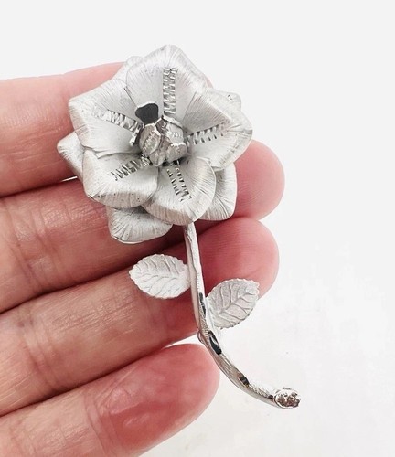 Sterling Silver 3 Dimensional Textured Rose Flower Brooch Vintage Jewelry