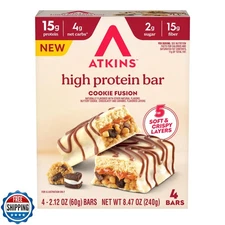 Atkins High Protein Bars, Cookie Fusion Flavor, 15g of Protein, 4g Net Carbs,