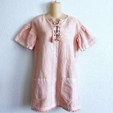 Ulla Johnson Sz 2 Marcelle Pink V-Neck Mini Shift Dress Tassel Fringe Hem Linen