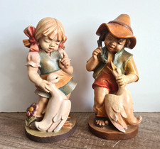 Vintage Holzfiguren Paar -Junge + Mädchen mit Gänse Holzschnitzerei Oberammergau