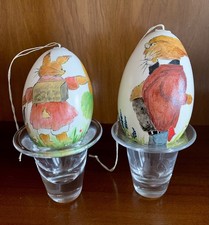 Vintage 60er Gänseeier Ostereier Hasenschule, 2 Eier handbemalt mit „Eierbecher“