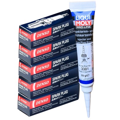 5x DENSO Zündkerzen + LIQUI MOLY Fett für MERCEDES B W245 C W202 CLK A208 C208