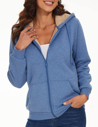 Para mujeres con cremallera completa con capucha forrada de sherpa abrigo cálido de lana invierno primavera chaqueta informal - Imagen 128 de 145