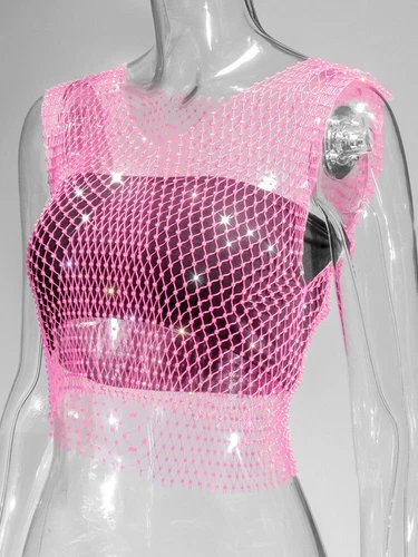 Rhinestones See-through Women Fishnet Tank Top Sexy Vest Mesh Crop Tops Babydoll - Picture 5 of 31