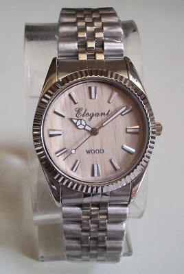 Men's Silver Finish Elegant Wood Look Dial Wrist Fashion Dressy Wear Watch