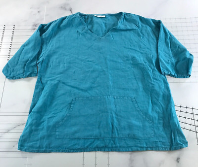 Bryn Walker Hemd Damen Medium Blau Kurzarm V-Ausschnitt Leinen USA