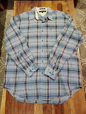 Tommy Hilfiger Button Up Shirt Men's M 100 Linen Blue Plaid Lightweight