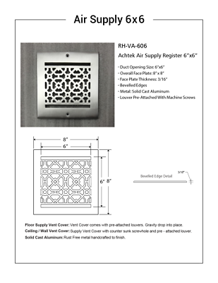 Achtek 6x6 Inch Air Return Grille – Heavy Cast Aluminum, 8x8 Face Plate, Beveled Edges, Powder-Coated Black, Floor-Mount HVAC Cover