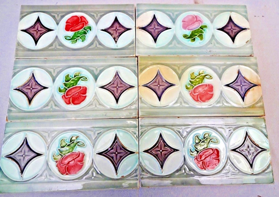 Lote de 6 peças de azulejo antigo Japão Dk Majólica cerâmica porcelana borda flor design - Imagem 2 de 4