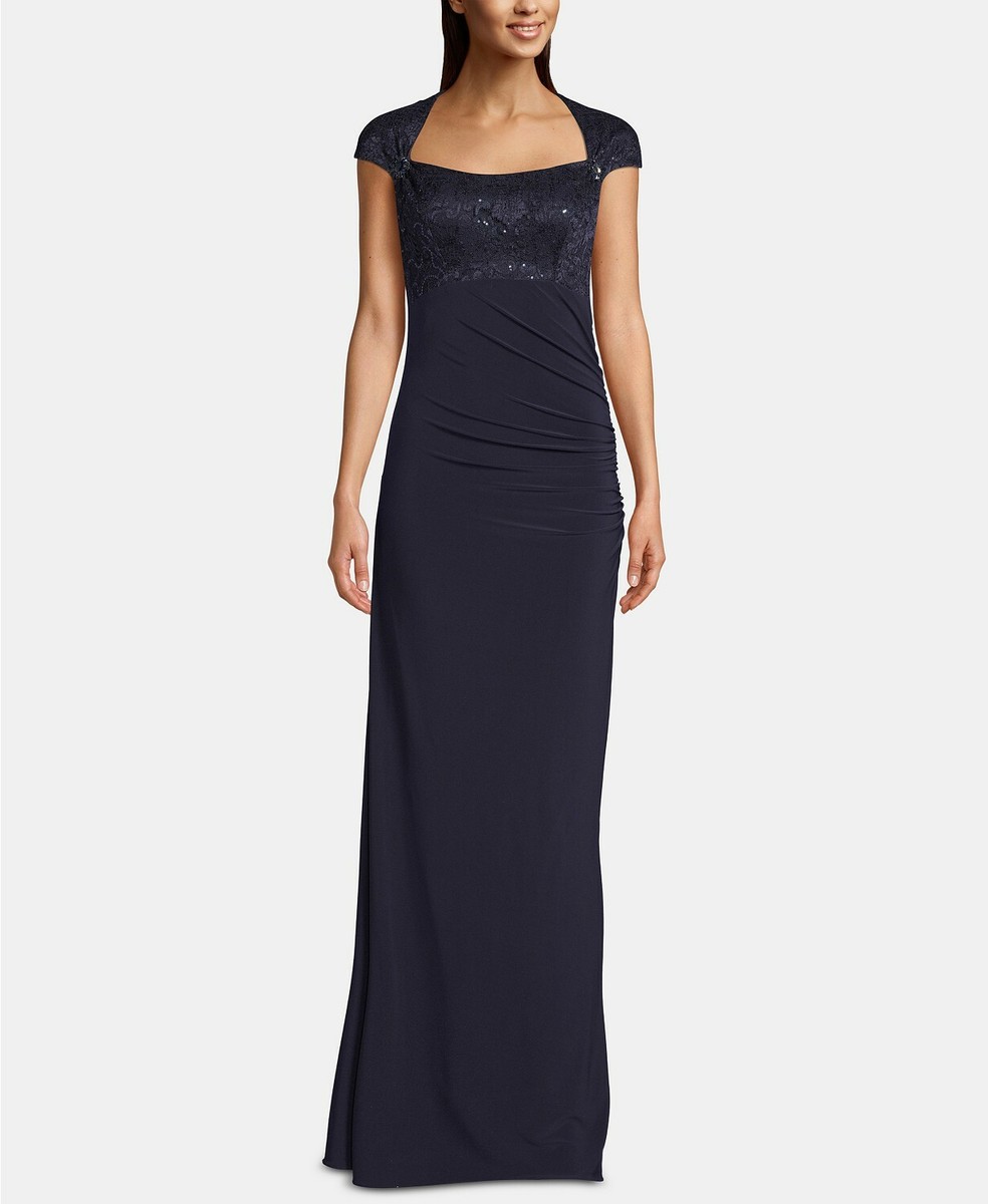 knee length dresses for ladies Betsy & Adam Women's Sequin Soutache V-Neck Mermaid Gown - Navy