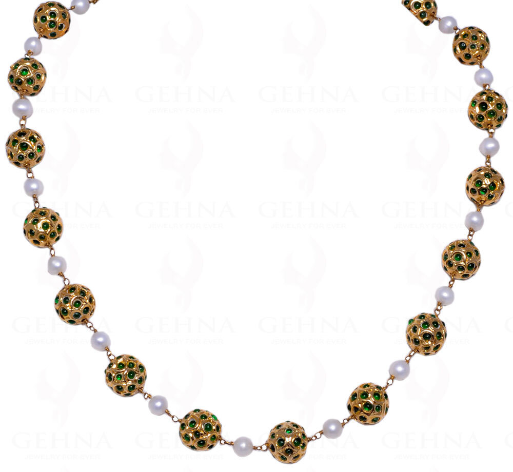 Emerald Jadau Ball Necklace with Knotted Pearl Design LN011019-image