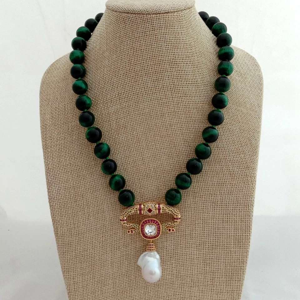 Colar de olho de tigre verde 18" 12mm pérola branca Keshi pingente Cz - Imagem 4 de 4