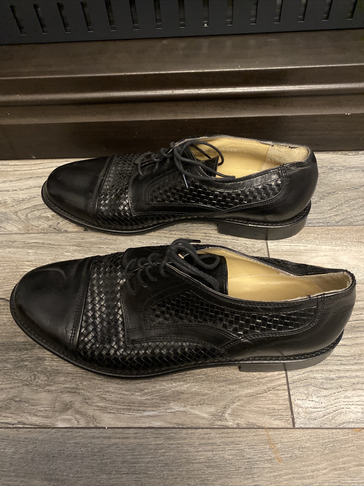 Johnston & Murphy Black Woven Leather Cap Toe Lace Up Oxfords Shoes Men