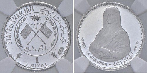 SHARJAH, ARGENTO 1 RIYAL 1970 MONA LISA NGC PF 69 UC, RARO - Foto 1 di 3