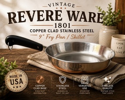 Vintage Revere Ware 1801 Copper Bottom Stainless Steel 9  Skillet Fry Pan USA