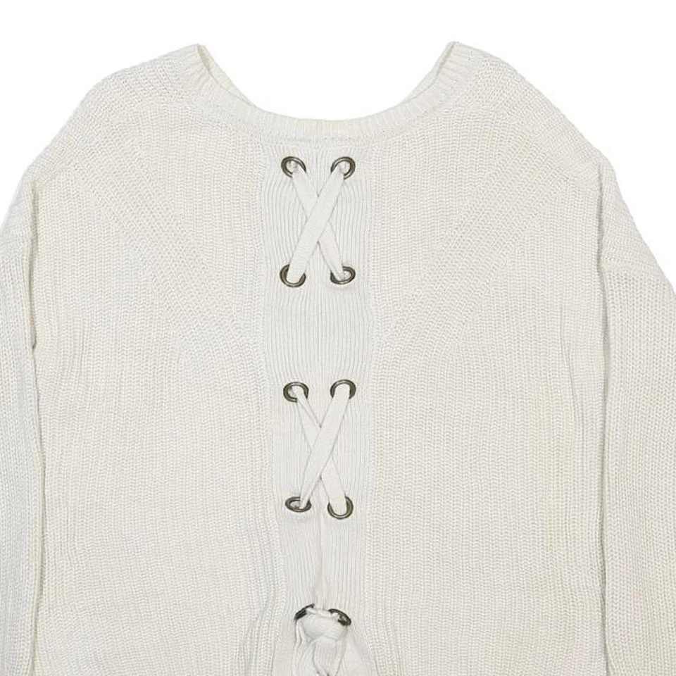 LUCKY BRAND Pull Femme Blanc Uni Col Rond En Maille Côtelée Lacet Au Dos - Photo 4/4