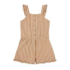 Rylee + Cru Addy Romper Camel Stripe 100% Cotton Boho Button Front  Girls 10‑12Y