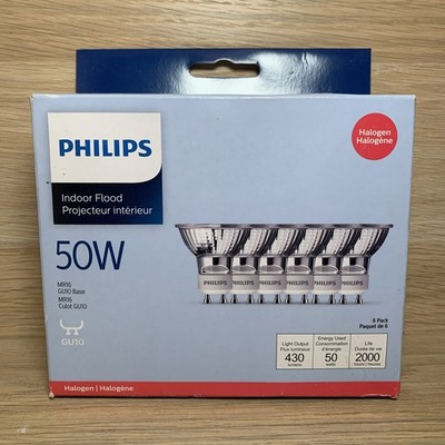 6 Pack Philips Indoor Flood Light Bulb, MR16, 50W, GU10 Base, 430 Lumens