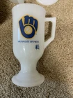 Vintage 70s Milk Glass Pedestal Mug Milwaukee Brewers Glove Logo Mugs 1 Each