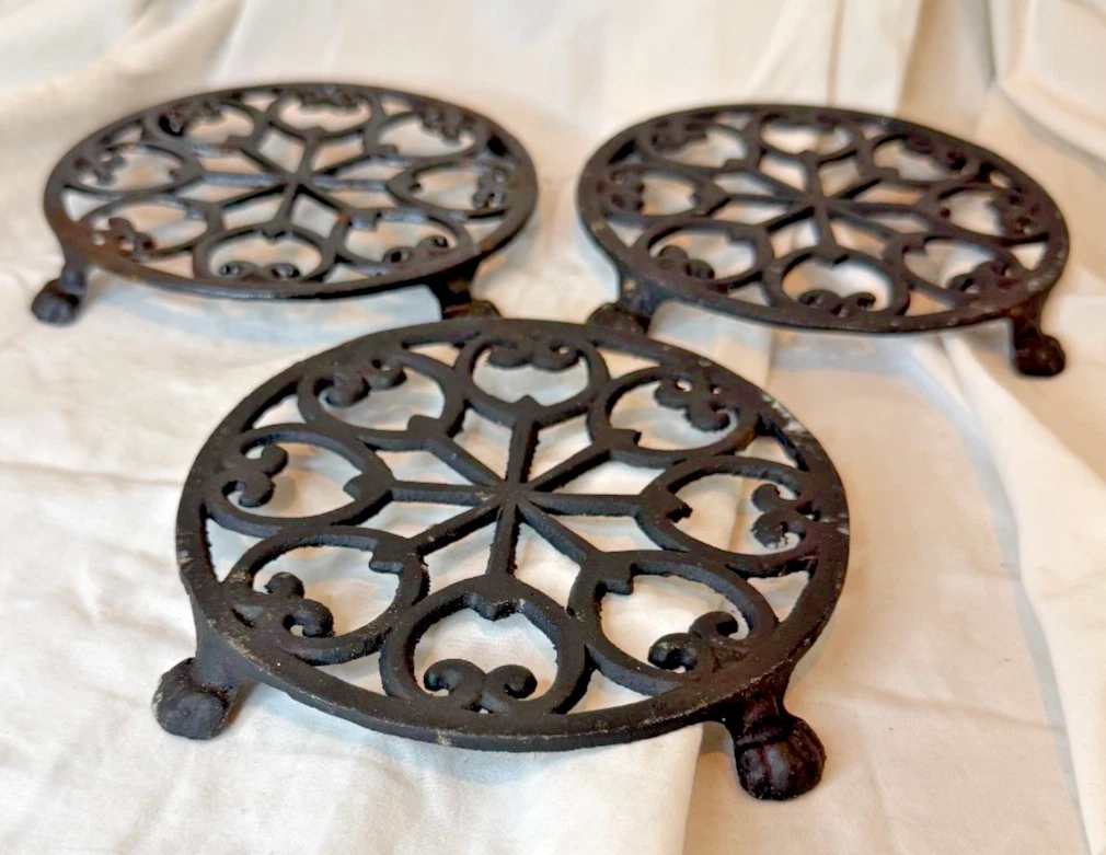 Set of 3 Vintage Cast Iron Kitchen Trivets Hot Pads ~ 3 Different Designs image 2