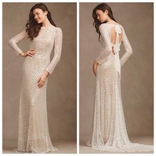 Watters Mia Beaded Wedding Dress Sheer Open Back Long Sleeve Gown 6