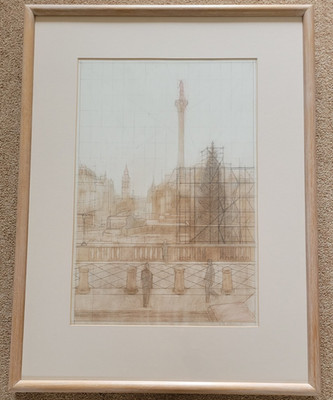 Original Pastell und Bleistift Kunstwerk Trafalgar Square London montiert gerahmt