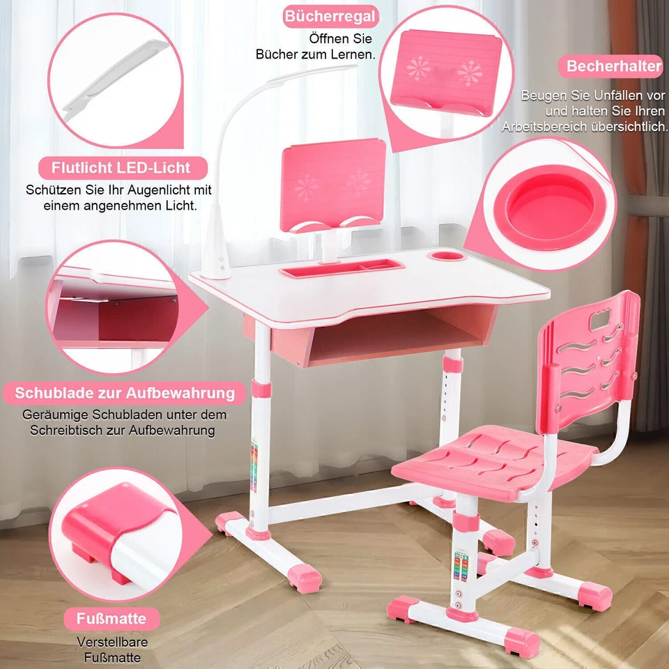 Kinderschreibtisch höhenverstellbar Jugendschreibtisch Schreibtisch mit Stuhl DE - Bild 2 von 4