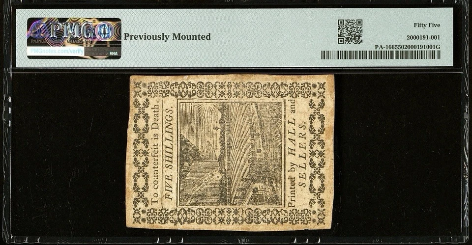Billete de banco moneda colonial de la Revolución Americana de Pensilvania de 1773 PA-166, PMG 55 Foto 2 de 4