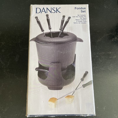 NIB! DANSK Black Cast Iron Fondue Set W/6 Forks
