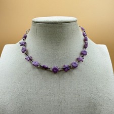 Purple Floral Star Bead Necklace Silver Tone Boho Cottagecore Coquette Gift