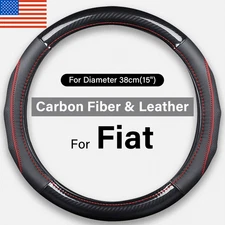 15" Steering Wheel Cover Genuine Leather For Fiat Round Black & Red-line Leather