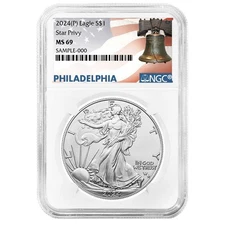 2024 (P) $1 American Silver Eagle Star Privy NGC MS69 Liberty Bell Label