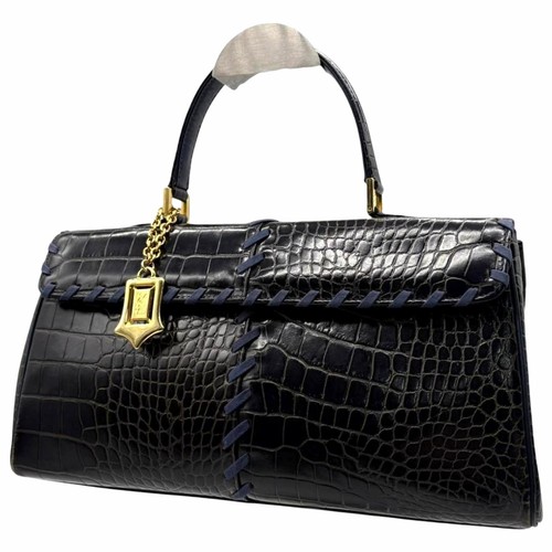 YVES SAINT LAURENT Handbag Croco Embossed Navy Leather Gold Hardware Flap Japan