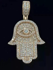 Authentic 2 CT Real Moissanite Religious Hamsa Hand Pendant 14k Yellow Gold Plated Silver