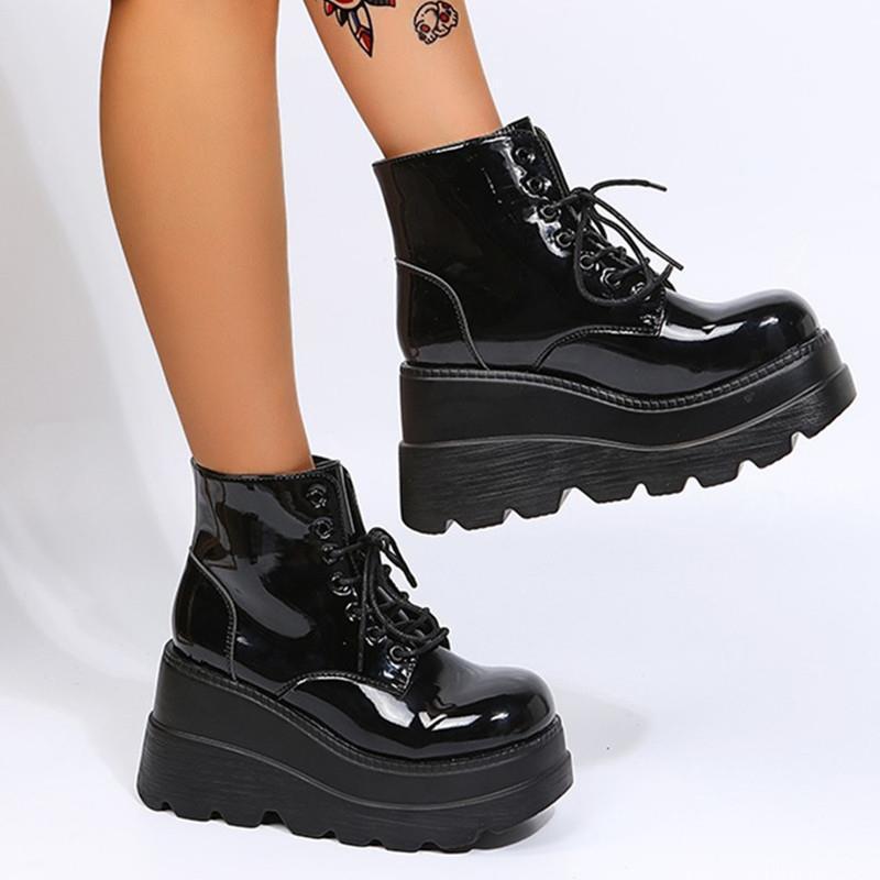 Womens High Hidden Wedge Platform Heels Ankle Boots Lace Up Casual