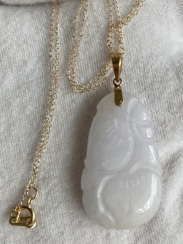 14k Yellow Gold White Jadeite Oval Carved Pendant 18” Necklace 5.6g Vintage 585 - Picture 6 of 24