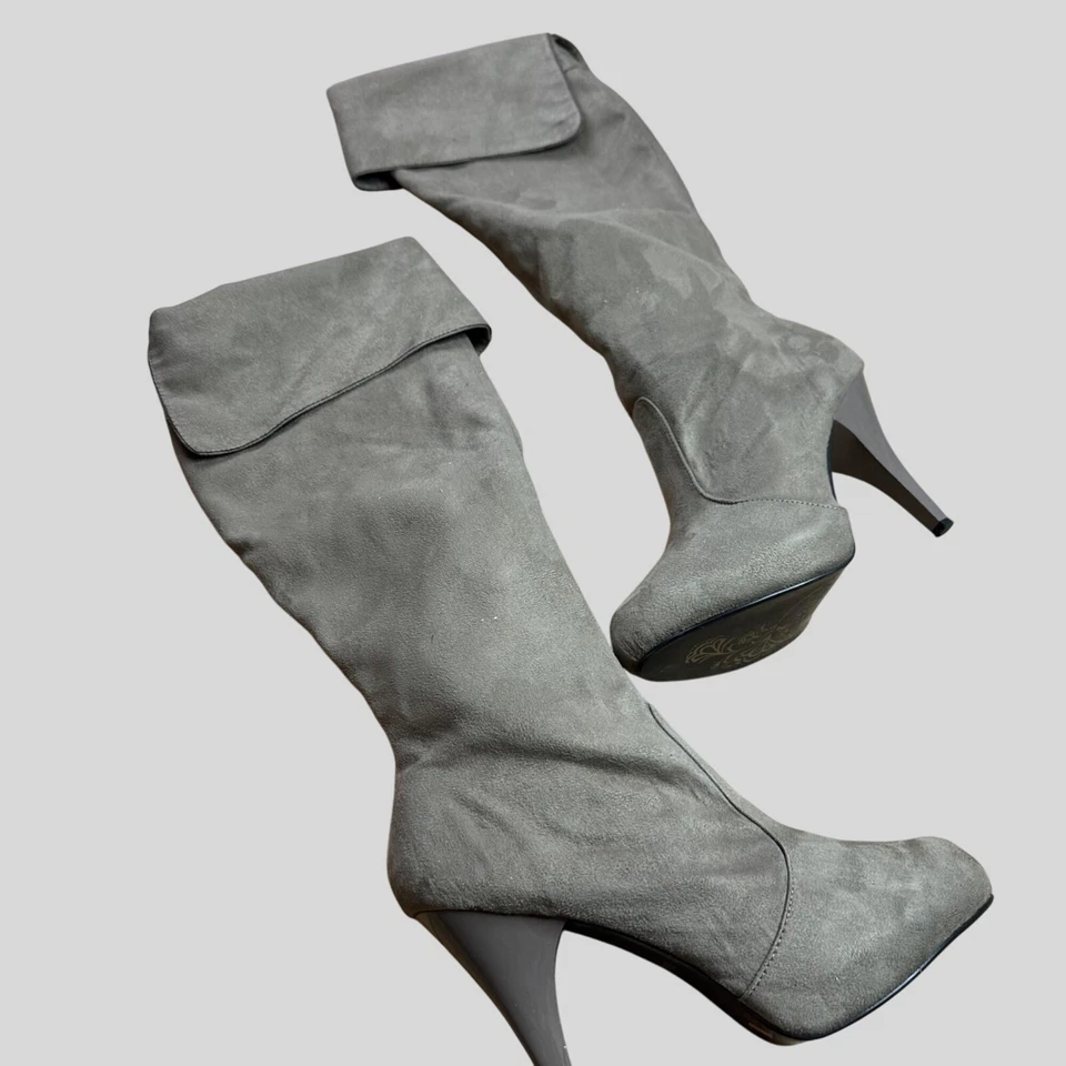 Anne Michelle серо-коричневые замшевые сапоги на высоком каблуке выше колена со складными манжетами - Изображение 4 из 4