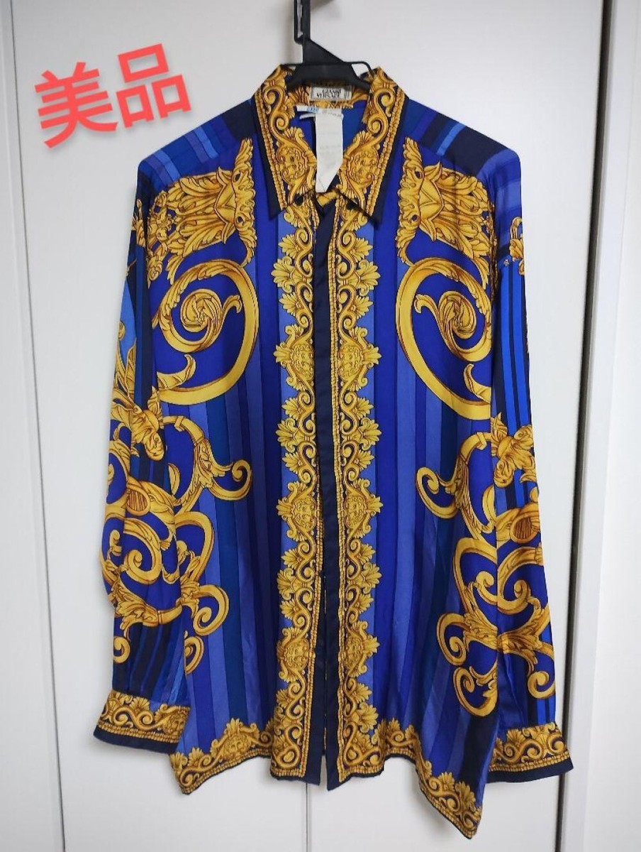 GIANNI VERSACE◆長袖シャツ/--/シルク/BLU Men's Blue Silk Shirt w/ Baroque Pattern GIANNI VERSACE, EU