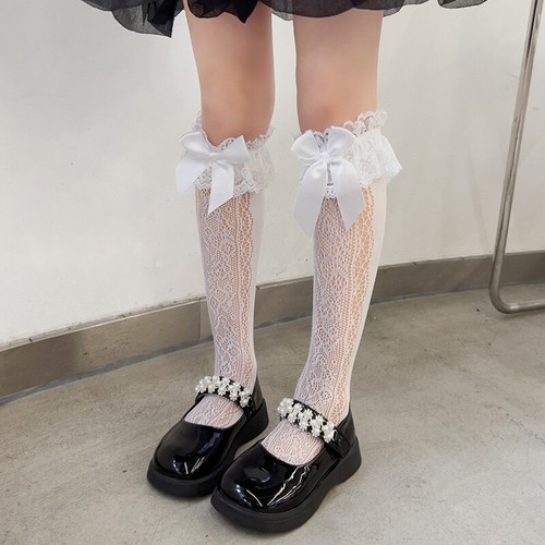 Girls Ruffle Bow Lolita Knee High Princess Lace Socks Kids White School Stocking - Picture 8 of 8
