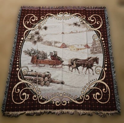 Vintage Winter HORSE AND SLEIGH Tapestry Throw Blanket Wall Hanging 50 X 59 - Image 1 of 4