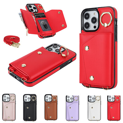 Crossbody Ring Zipper Slot Wallet Case For iPhone 16 Pro Max 15 14 13 12 11 X   