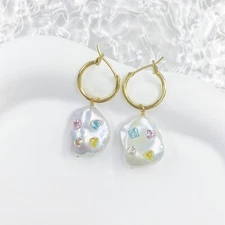 Natural Freshwater Baroque Pearl Hand Made Earrings Multi Color Zircon Gold Gift