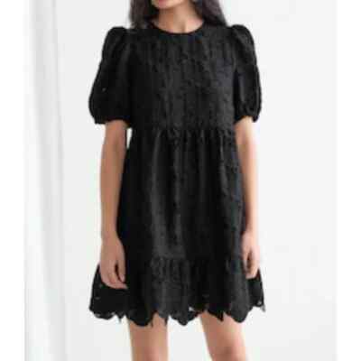 & Other Stories Puff Sleeve Jacquard Black Lace Mini Babydoll Dress Size 4