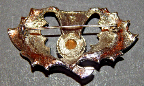 SILVER TONE SCOTTISH THISTLE BROOCH WITH CITRINE? STONE - Picture 2 of 3