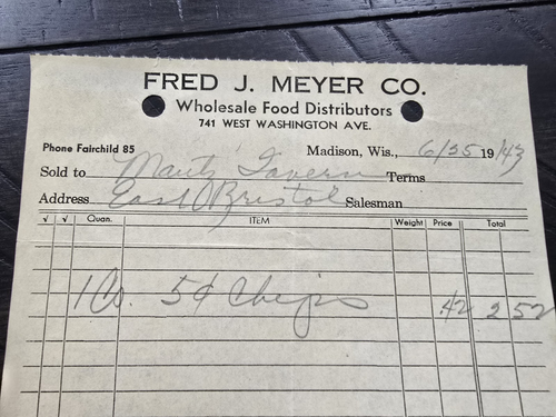 1943 Fred J Meyer Food Distributor Potato Chips Madison WI Receipt Billhead - Picture 2 of 3