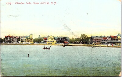 Postcard NJ View of Fletcher Lake Ocean Grove, Boat, Houses, Vintage c1907 B3